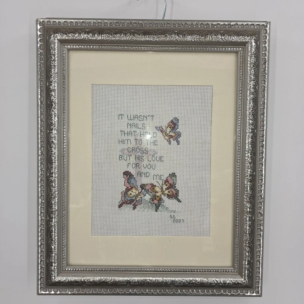 VTG Handmade Completed Framed Cross Stitch It Wasn't Nails Christian 2001Decor